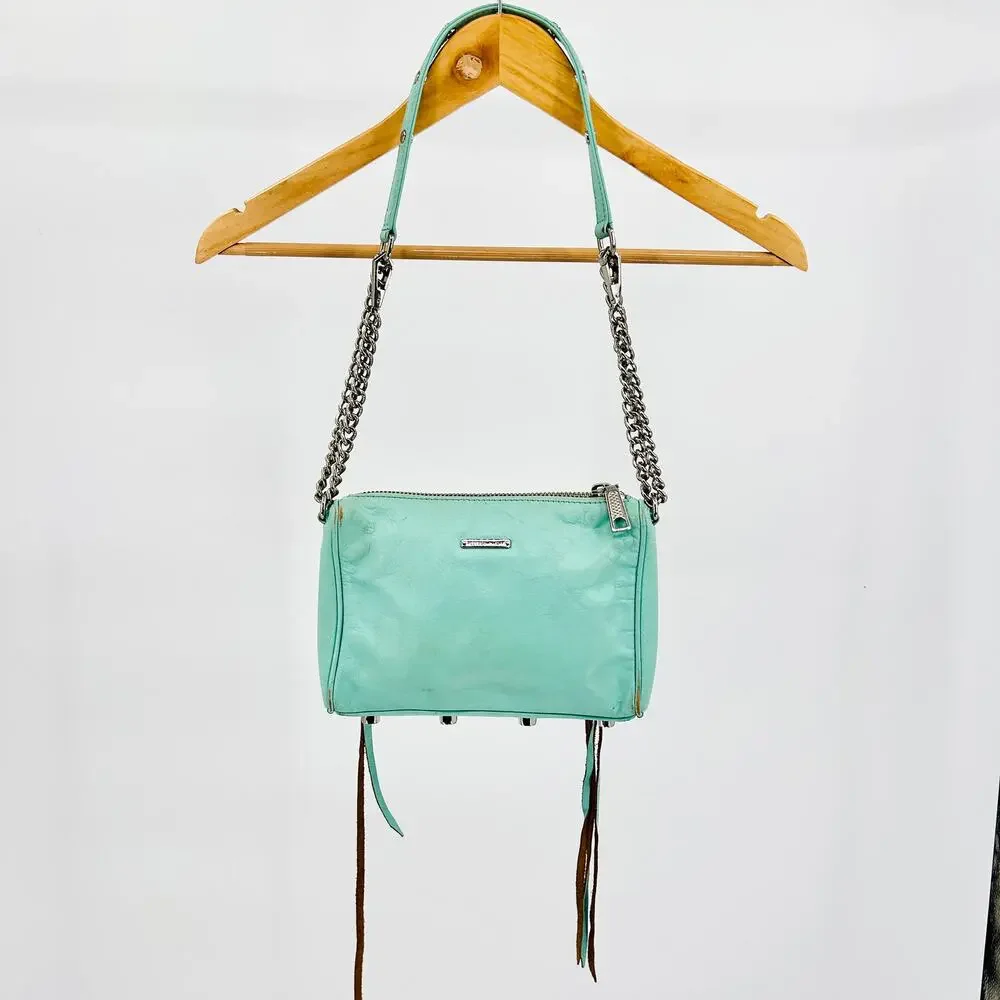 Vintage Y2K Rebecca Minkoff Mint Green Leather Silver Chain Shoulder Bag